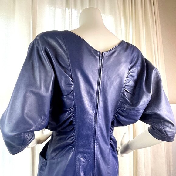80s Glam Womens Real Leather Dress Navy Blue Ruched Size 9 Glam Rock Dress - Picture 2 of 16